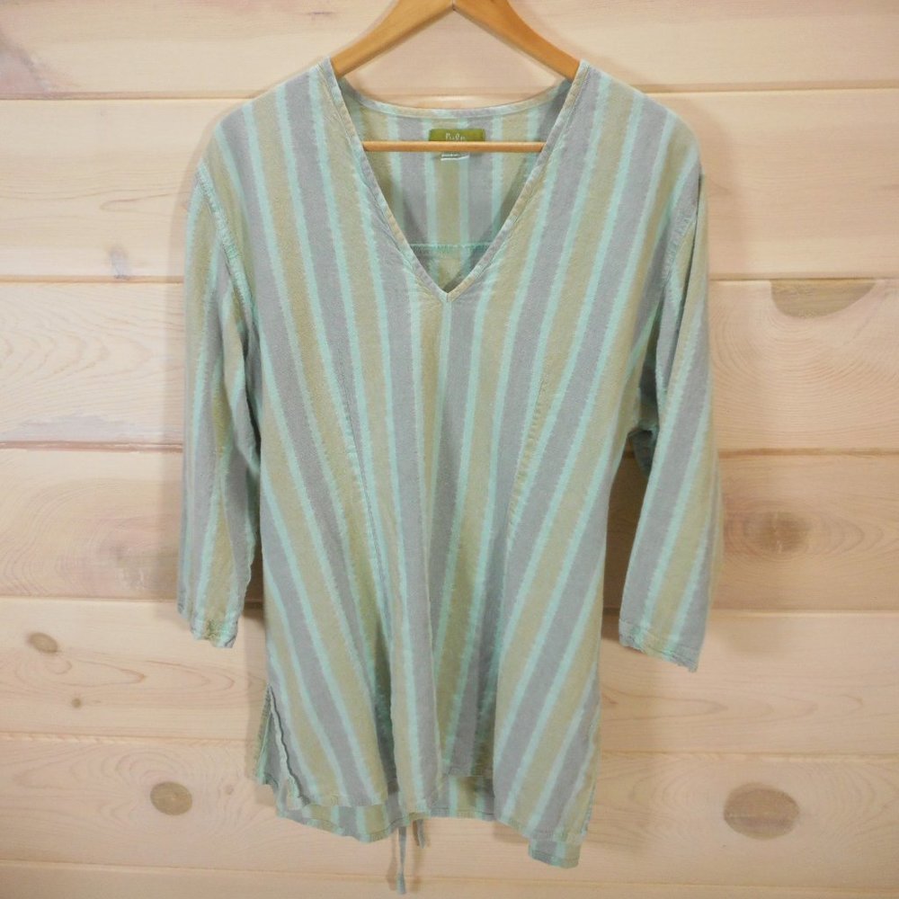 Pulp Women's XL Striped Linen Blend Tunic Top Lagenlook Cropped Sleeve